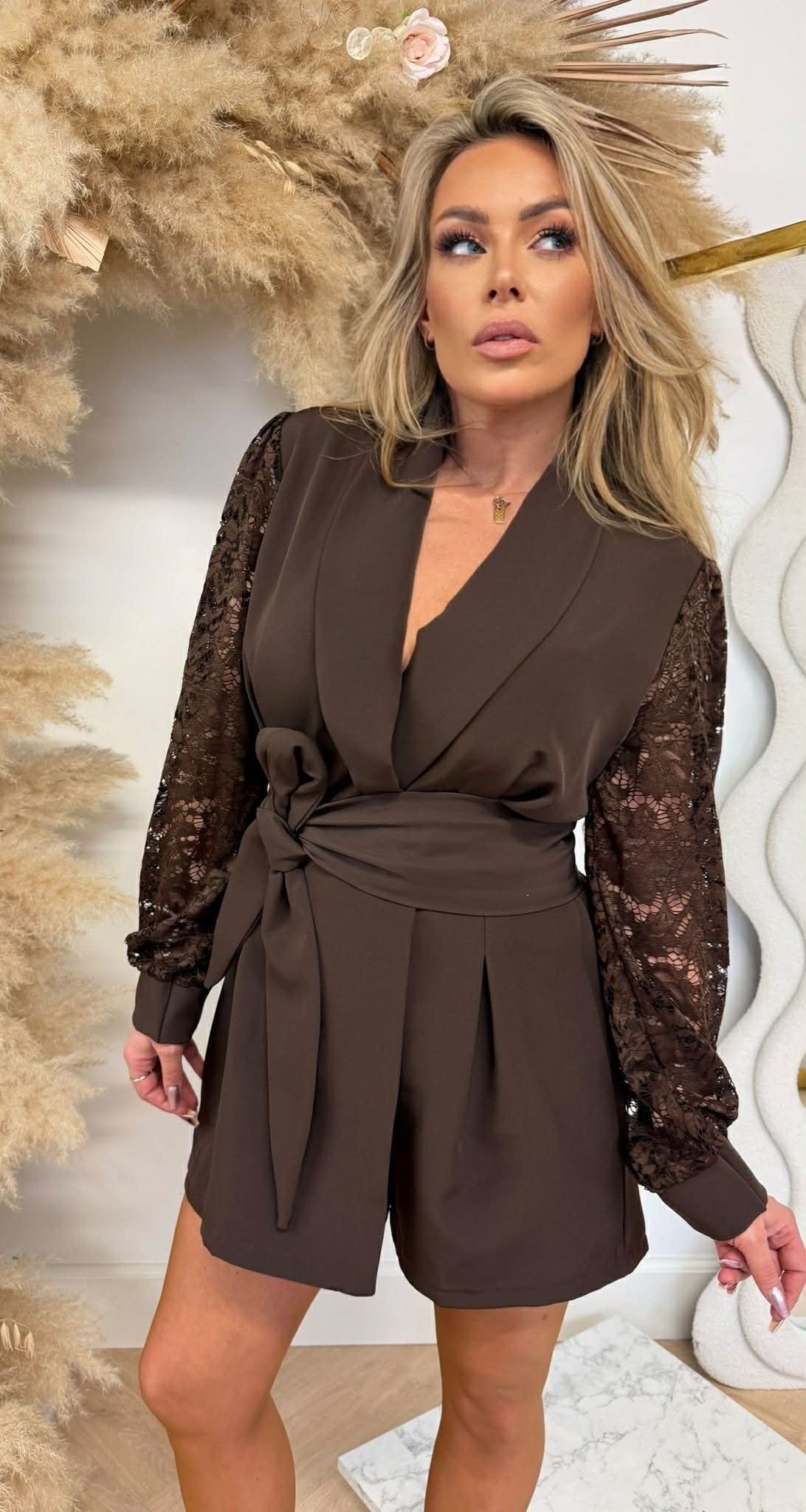 LUS LACE SLEEVE PLAYSUIT CHOCO