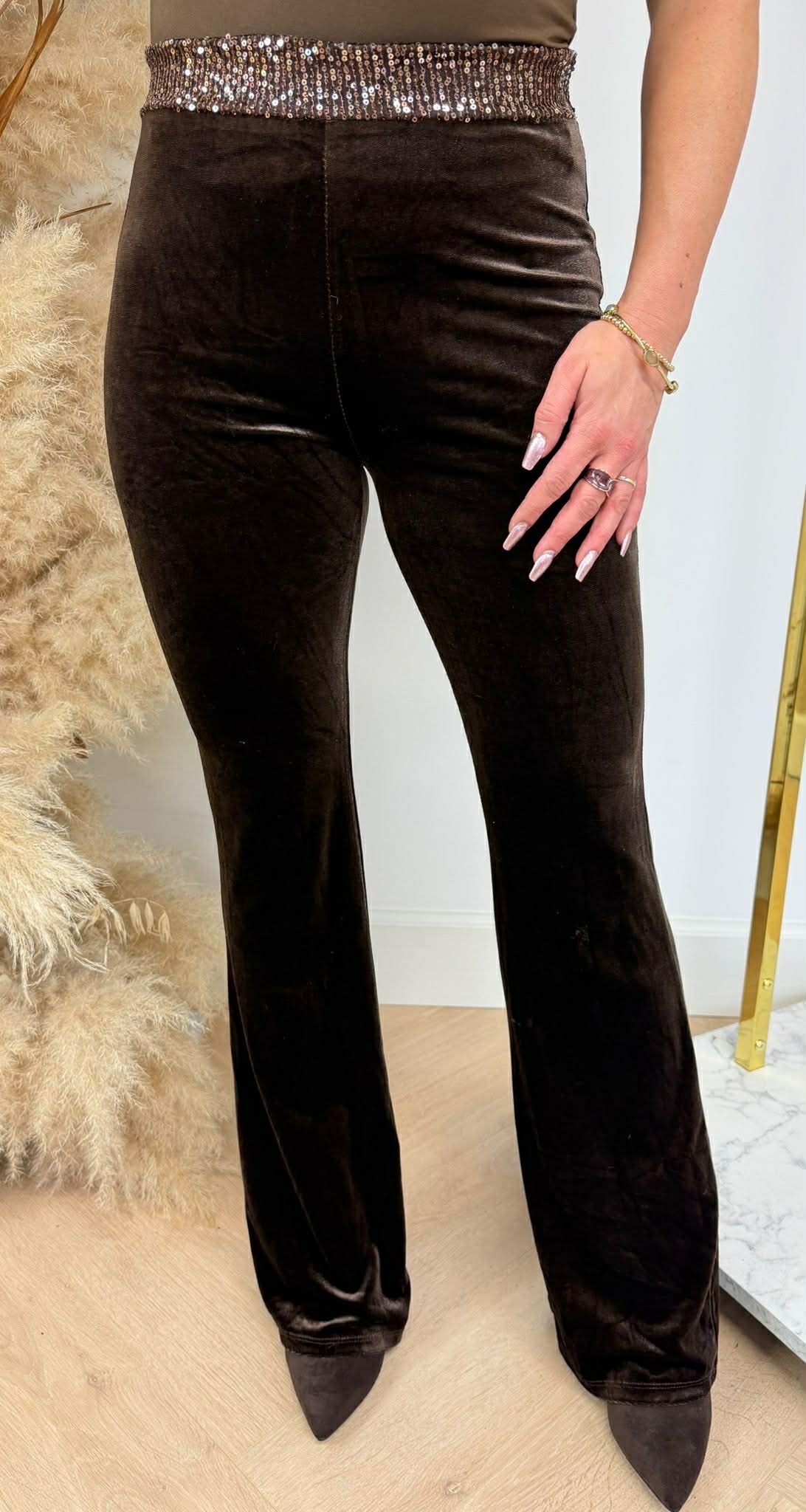 VELVET SEQUIN PANTS CHOCO