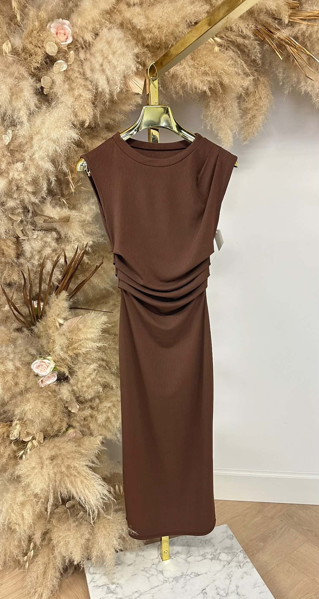 SMALL RIB STRETCHY DRESS CHOCO