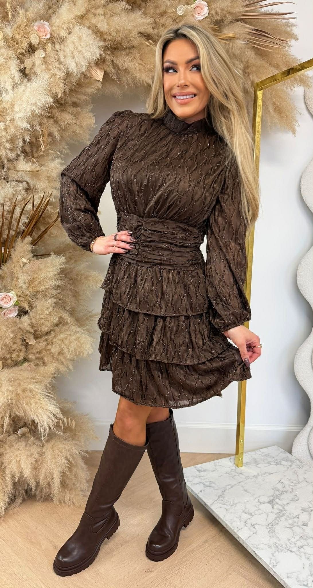 SHIMMER RUFFLE DRESS 4686 CHOCO