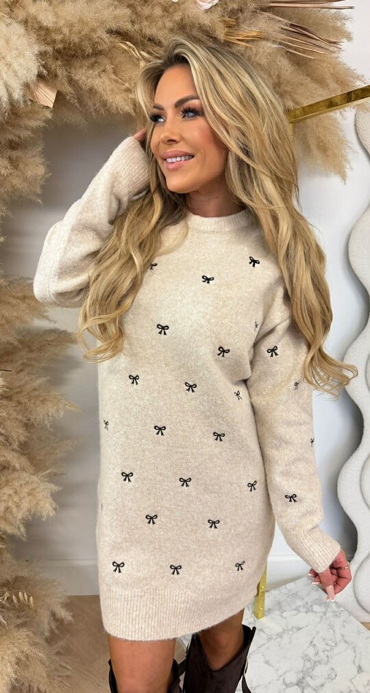 ALL OVER BOW DRESS AM976 TAUPE ALL OVER BOW DRESS AM976 TAUPE