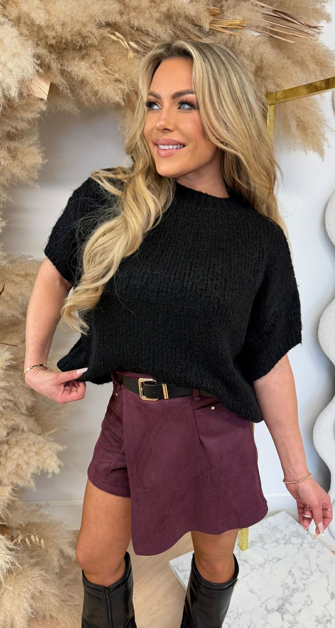 FAYE KNITTED SHORT SLEEVE SWEAT BLACK