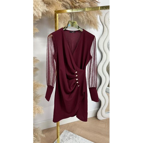 DIAMOND MESH SLEEVE DRESS BURGUNDY