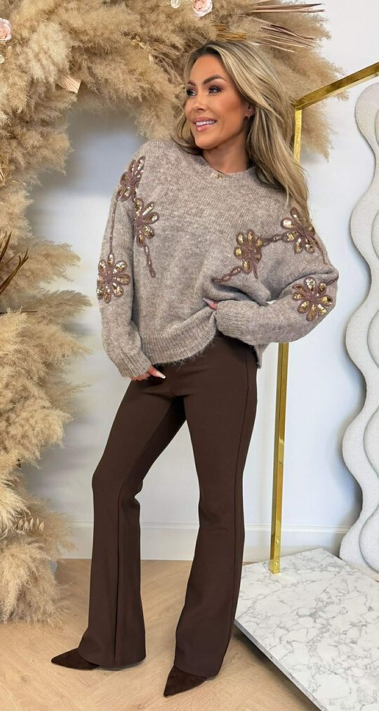 FLOWER SEQUIN SWEAT 5682 TAUPE