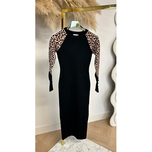 LEOPARD SLEEVE BUTTON DRESS 1080 BLACK