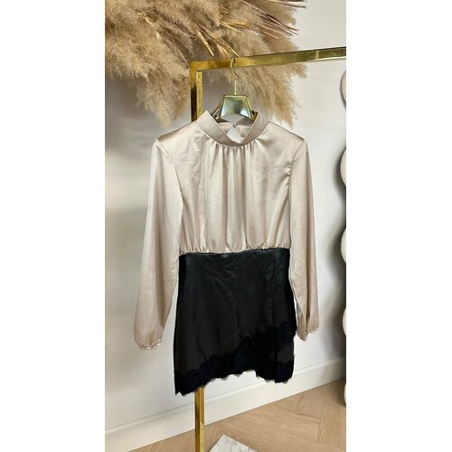 SATIN LEATHER LOOK LACE DRESS CHAMPAGNE