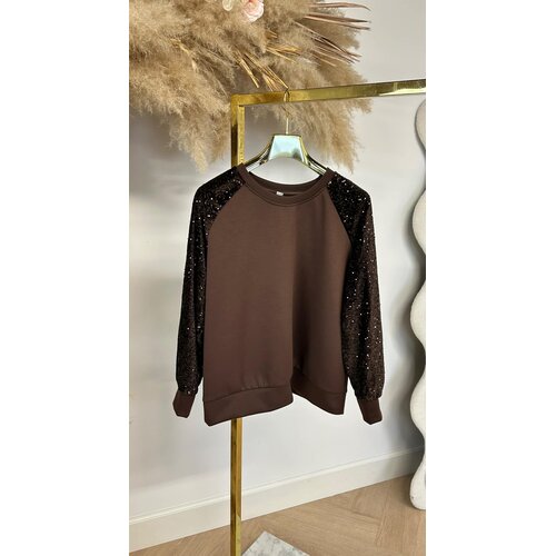 VELVET SEQUIN SLEEVE SWEAT CHOCO