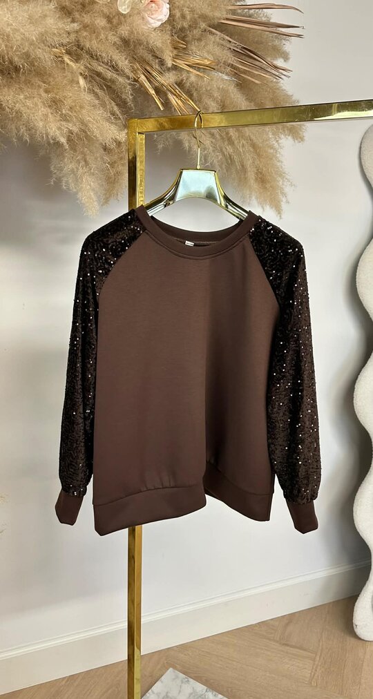 VELVET SEQUIN SLEEVE SWEAT CHOCO