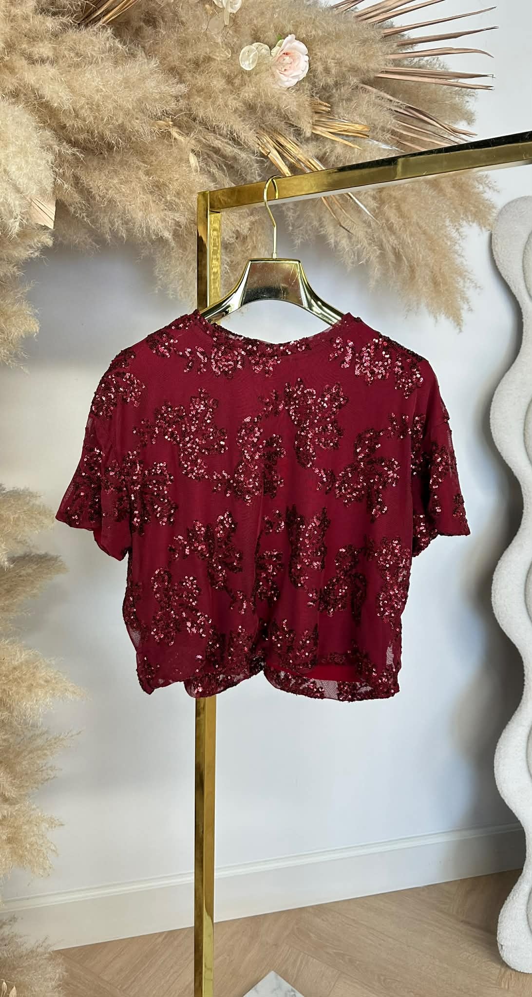 FLORAL SEQUIN MESH TOP BORDEAUX