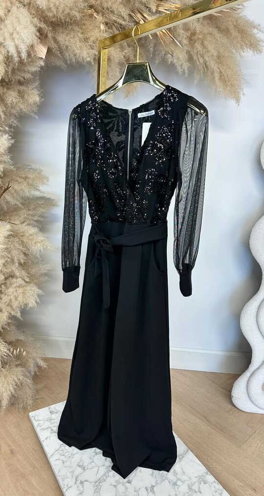 FAY SEQUIN STRETCH JUMPSUIT BLACK