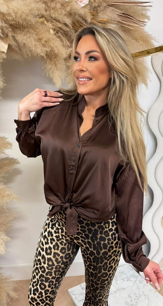 SATIN KNOOP BLOUSE CHOCO SATIN KNOOP BLOUSE CHOCO