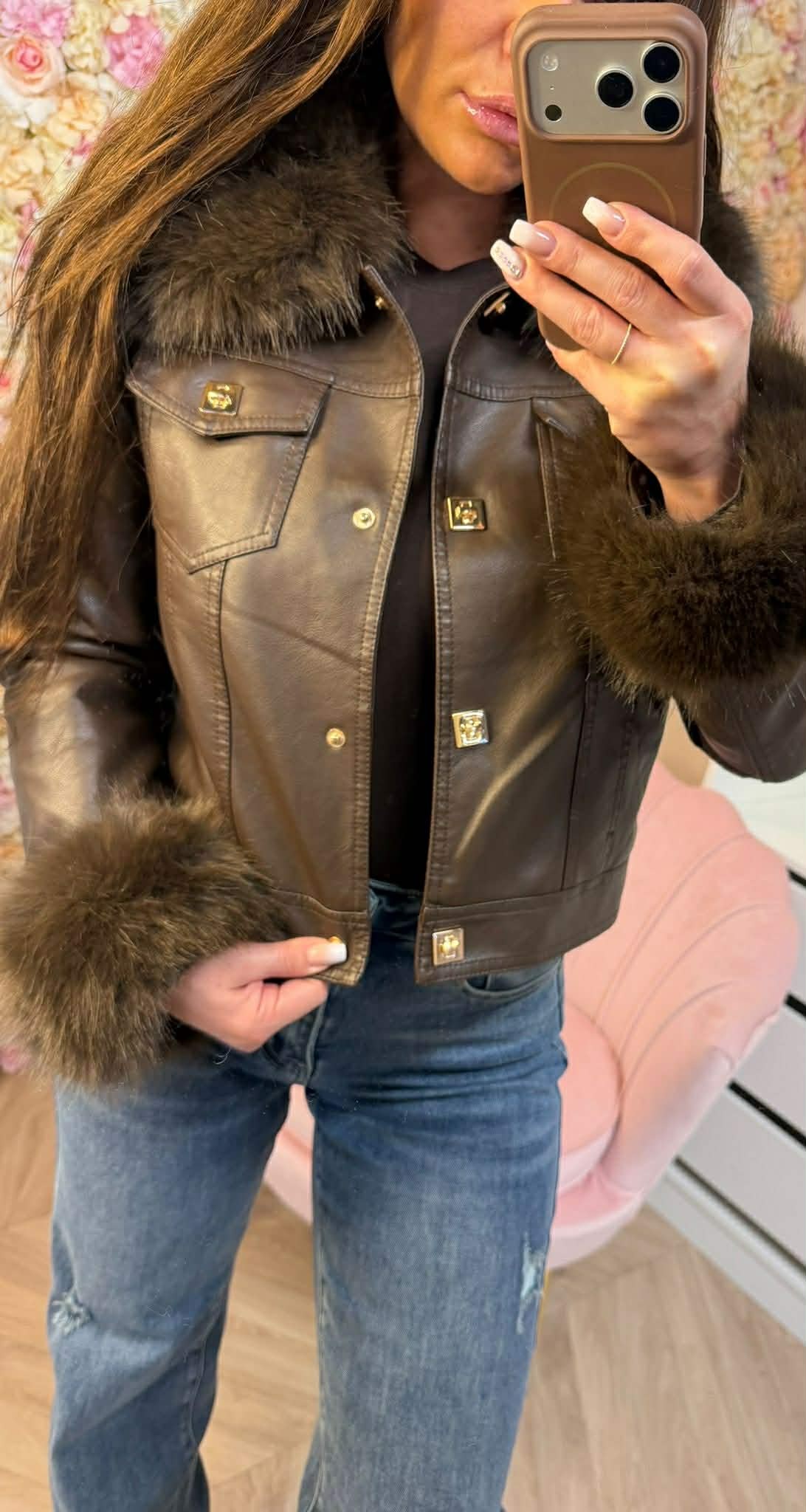 PERFECT VEGAN LEATHER FAUX FUR JACKET 5625 CHOCO
