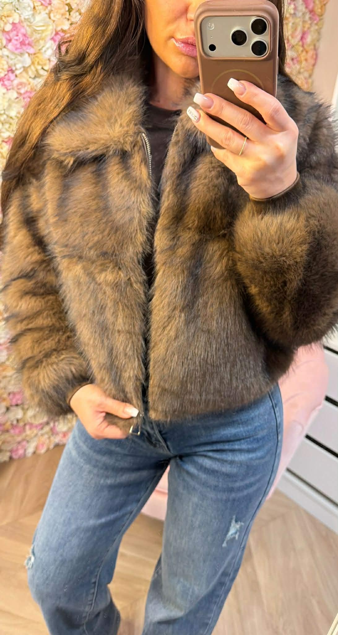 VEGAN FUR JACKET 8745 BROWN