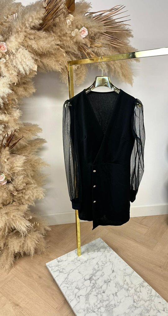 BUTTON MESH SLEEVE PLAYSUIT BLACK