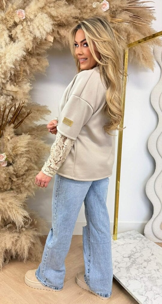 LUXURY LACE SLEEVE TOP BEIGE