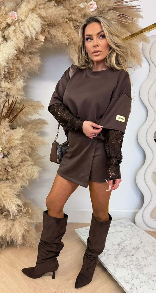 LUXURY LACE SLEEVE TOP CHOCO