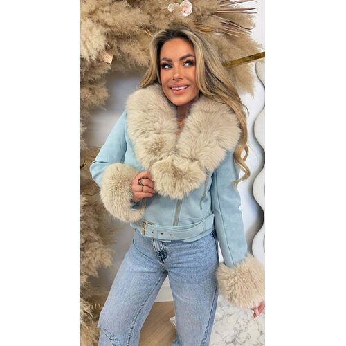 SHORT LEATHER LOOK FUR JACKET 56103 BLUE