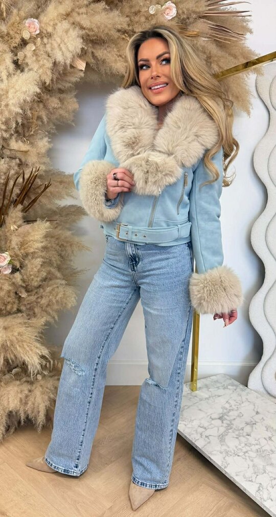SHORT LEATHER LOOK FUR JACKET 56103 BLUE SHORT LEATHER LOOK FUR JACKET 56103 BLUE