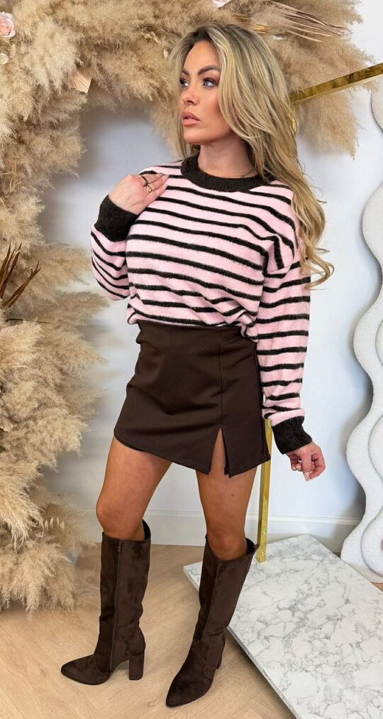 STRIPE BUTTON SWEAT 1127 CHOCO/PINK