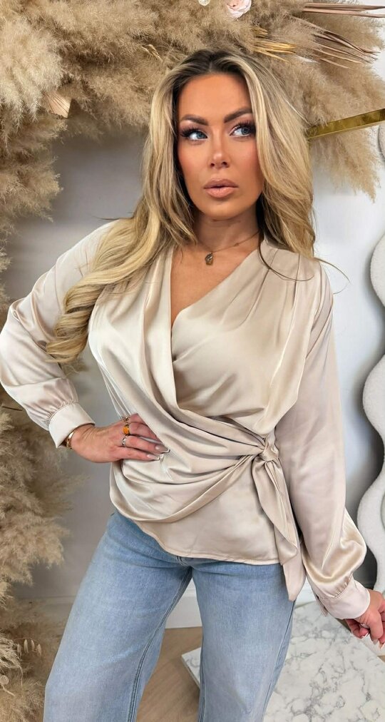 SATIN OMSLAG BLOUSE BEIGE