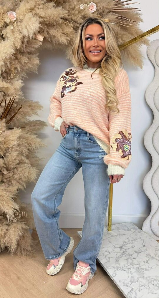 STRIPE FLOWER SEQUIN SWEAT 8290 YELLOW/SALMON