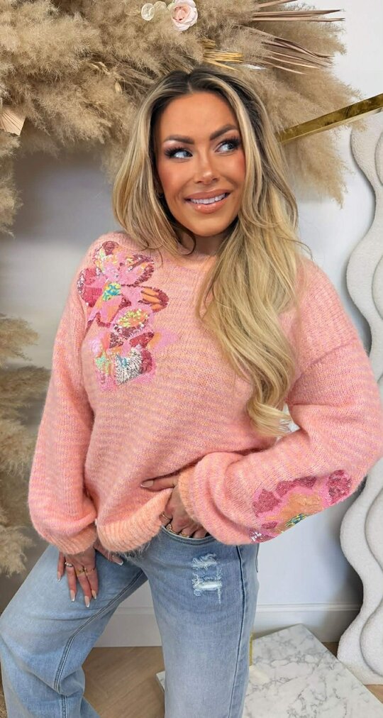 STRIPE FLOWER SEQUIN SWEAT 8290 SALMON/PINK