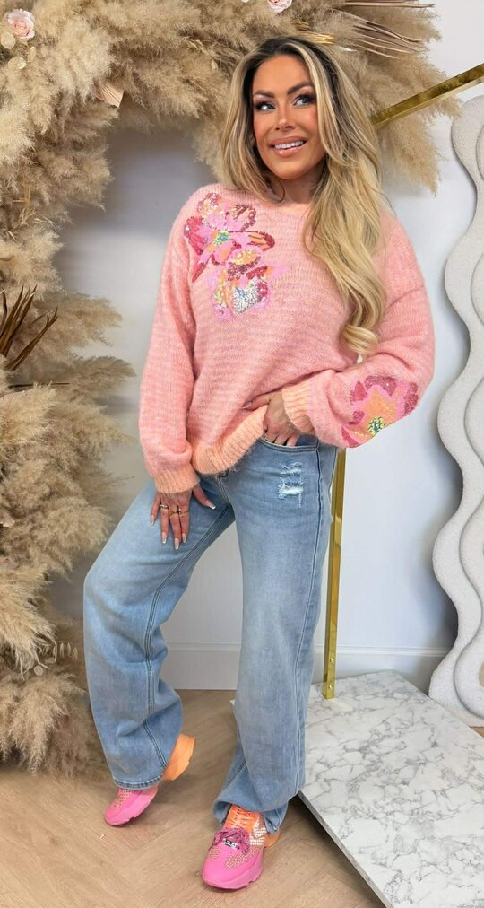 STRIPE FLOWER SEQUIN SWEAT 8290 SALMON/PINK