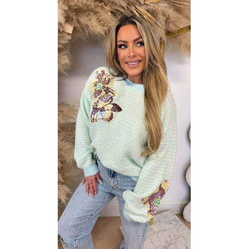 STRIPE FLOWER SEQUIN SWEAT 8290 LIGHTBLUE/YELLOW