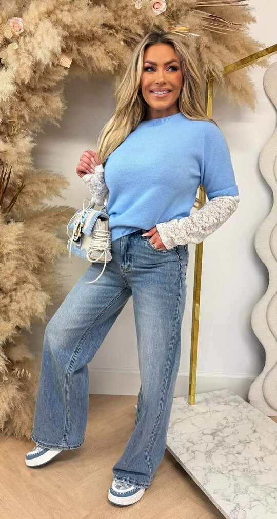 POPPY FLOWER LACE SLEEVE SWEAT BLUE