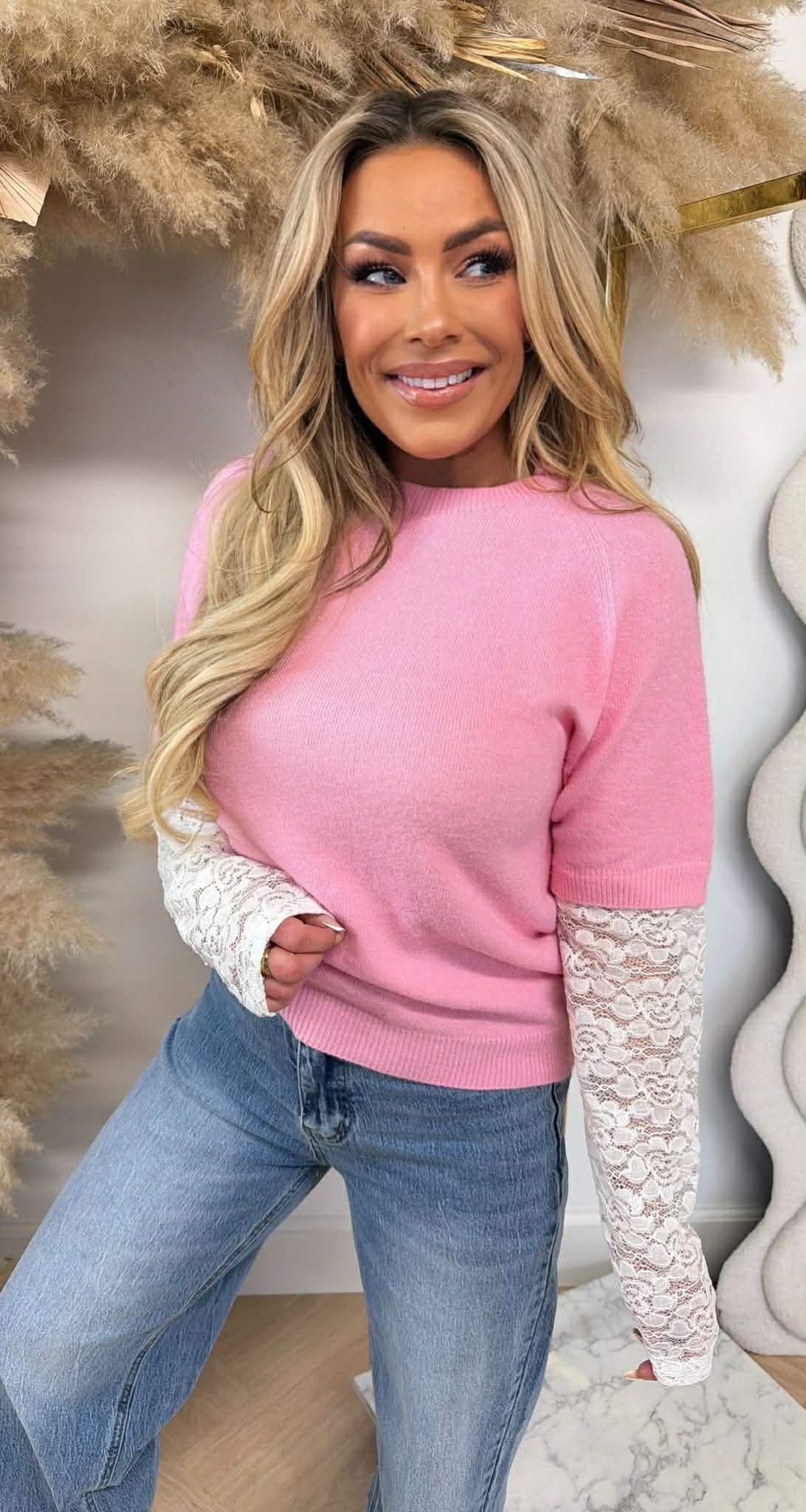 POPPY FLOWER LACE SLEEVE SWEAT LOLLYPOP PINK