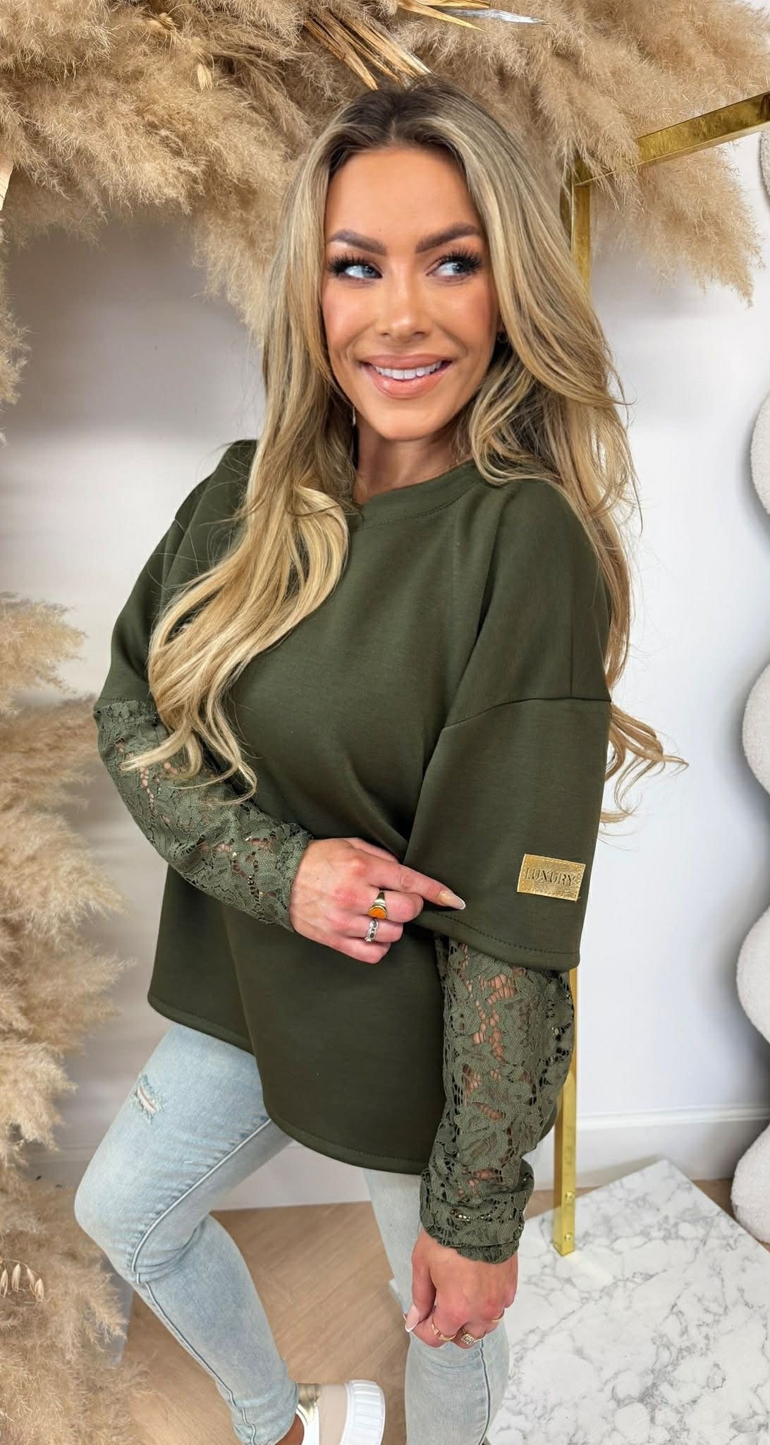 LUXURY LACE SLEEVE TOP ARMYGREEN