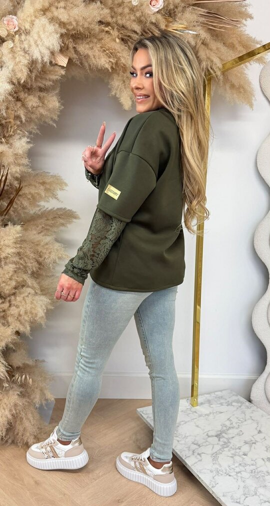 LUXURY LACE SLEEVE TOP ARMYGREEN