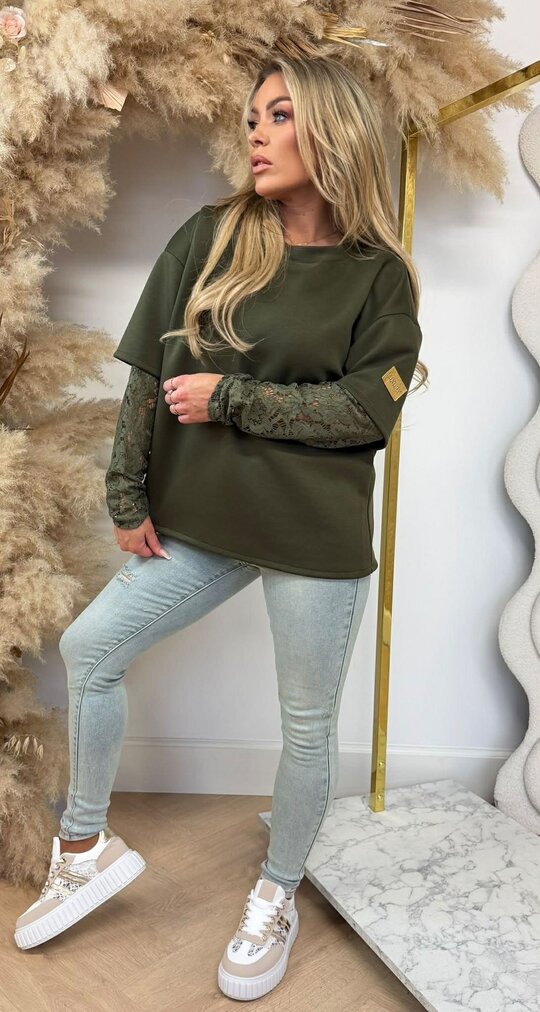 LUXURY LACE SLEEVE TOP ARMYGREEN