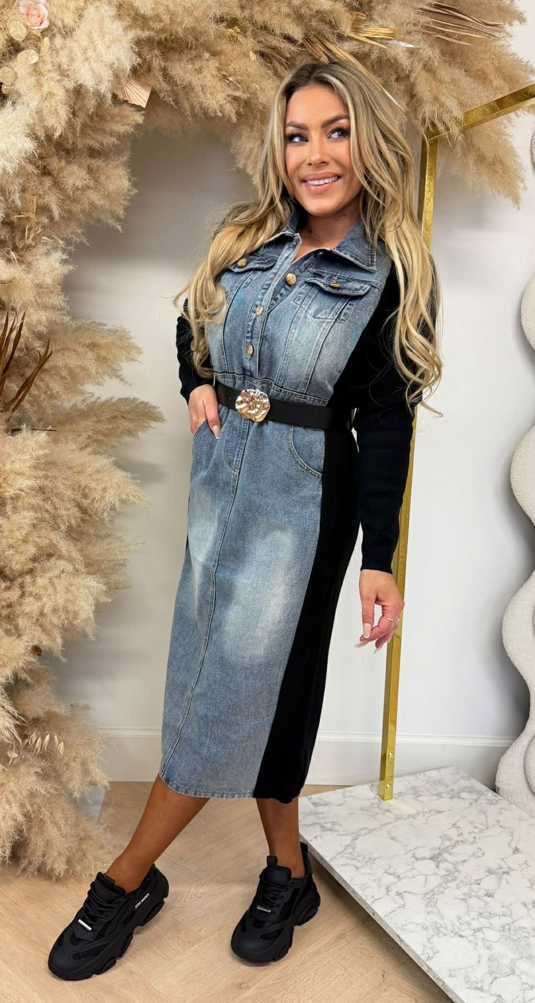 DENIM KNIT DRESS HYY519 DENIM/BLACK