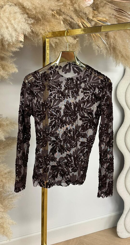 SEQUIN FLOWER MESH TOP CHOCO