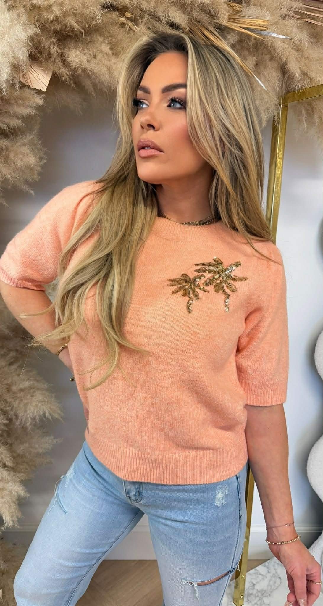 PALM SEQUIN KNIT TEE 8516 LIGHTORANGE
