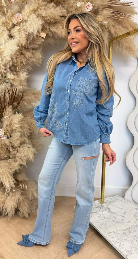 DENIM FLOWER BLOUSE C10864 JEANSBLUE