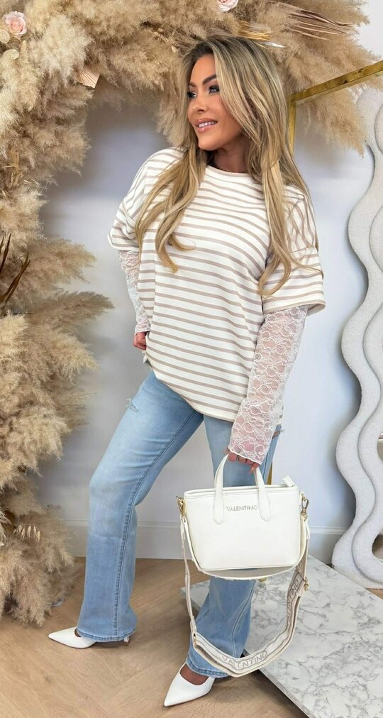 LILLY LACE STRIPE TEE BEIGE
