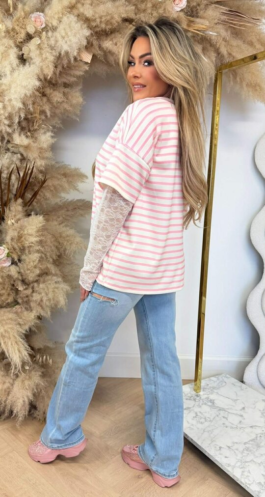 LILLY LACE STRIPE TEE PINK
