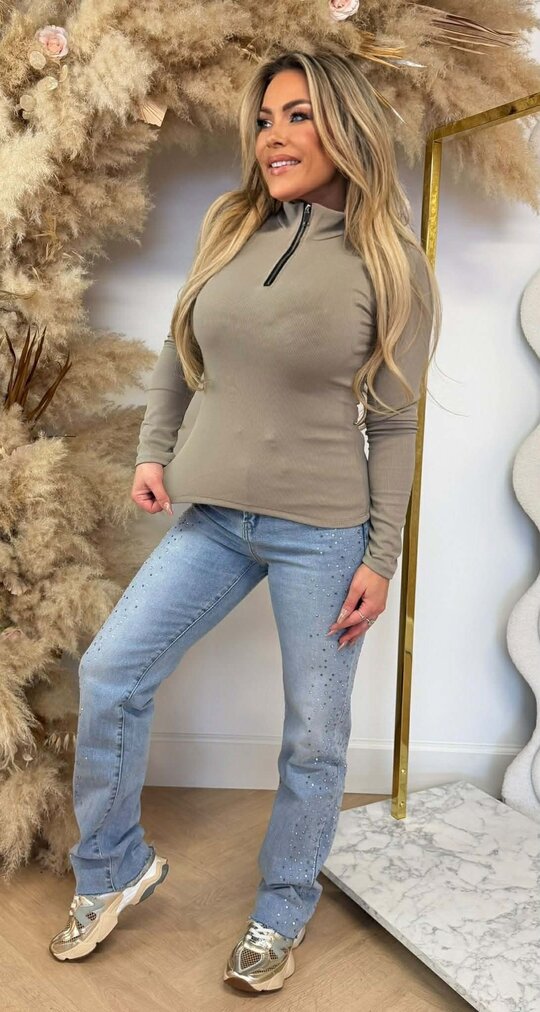 ZIP UP RIB TOP TAUPE