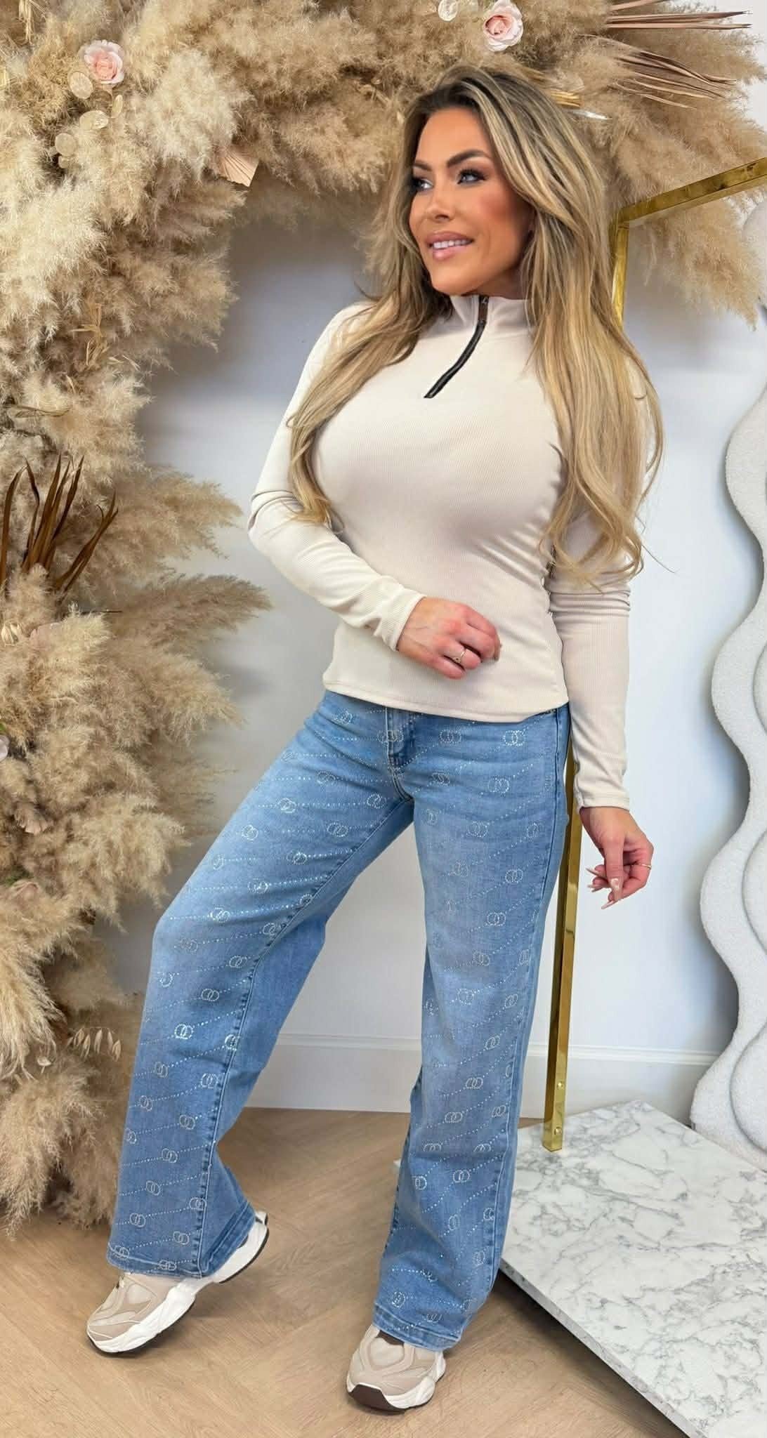 ZIP UP RIB TOP BEIGE