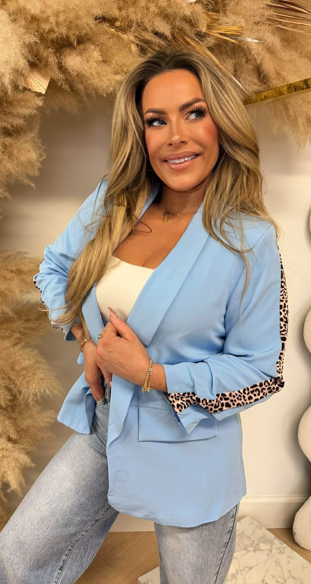 LEOPARD STRIPE CROPPED BLAZER BLUE