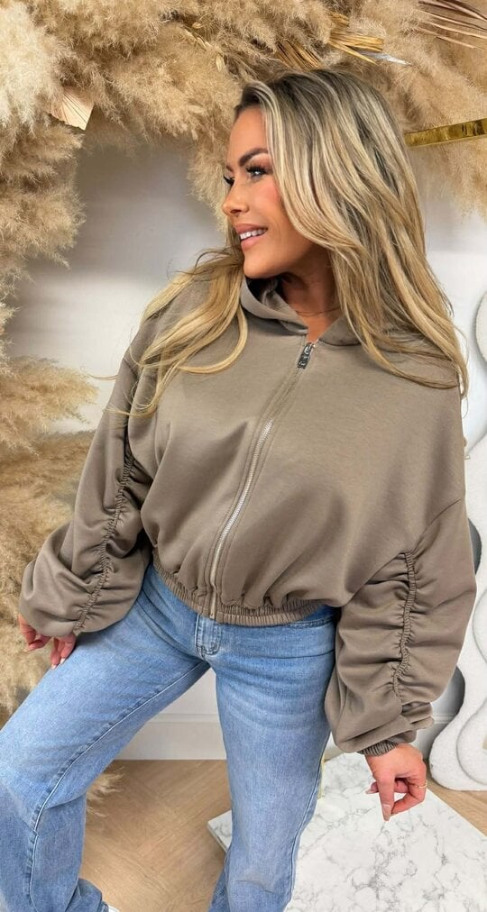 SMOCKED SLEEVE ZIPPER VEST TAUPE