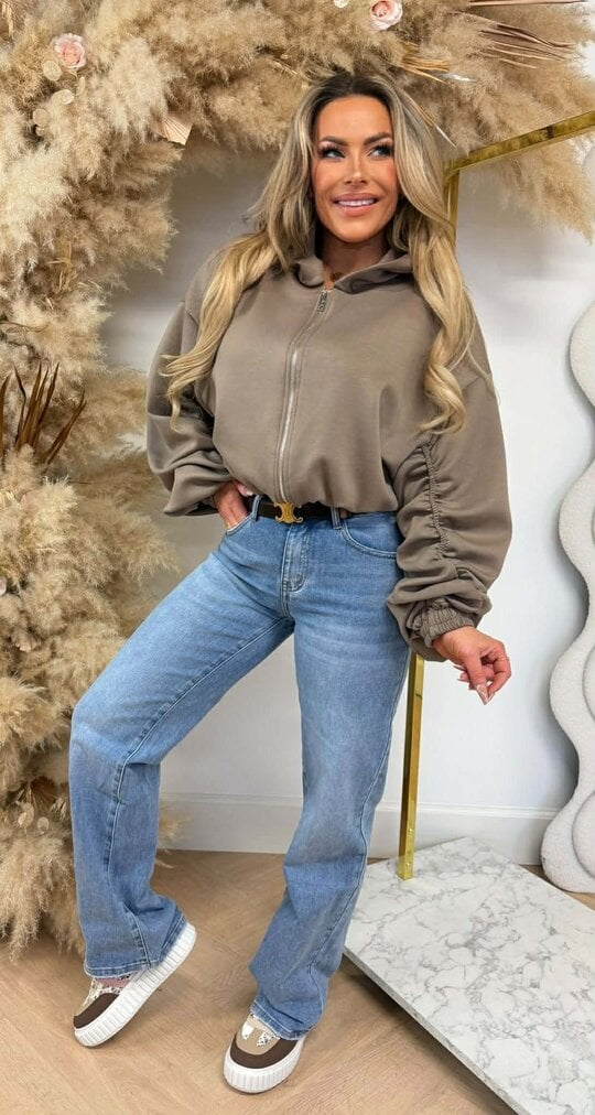 SMOCKED SLEEVE ZIPPER VEST TAUPE