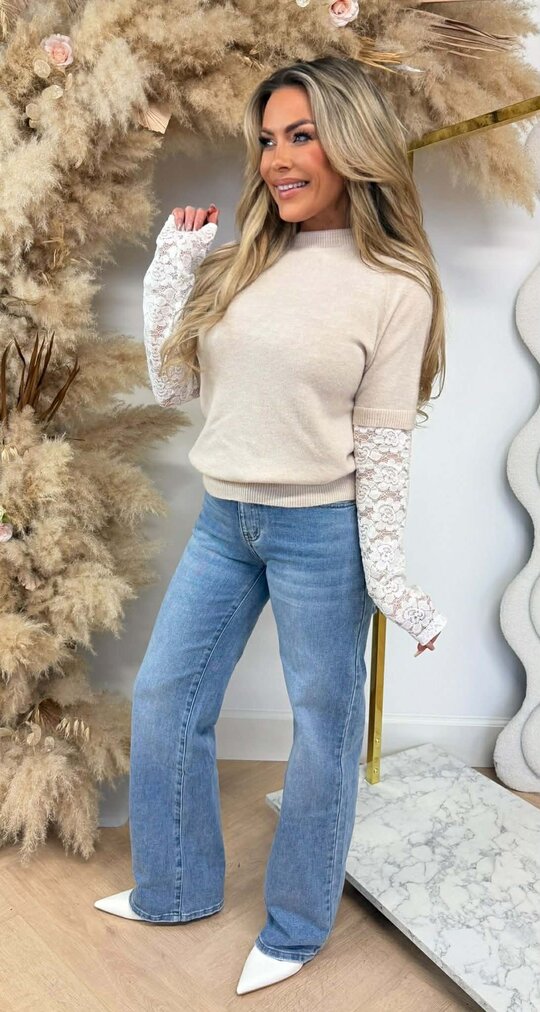 POPPY FLOWER LACE SLEEVE SWEAT BEIGE