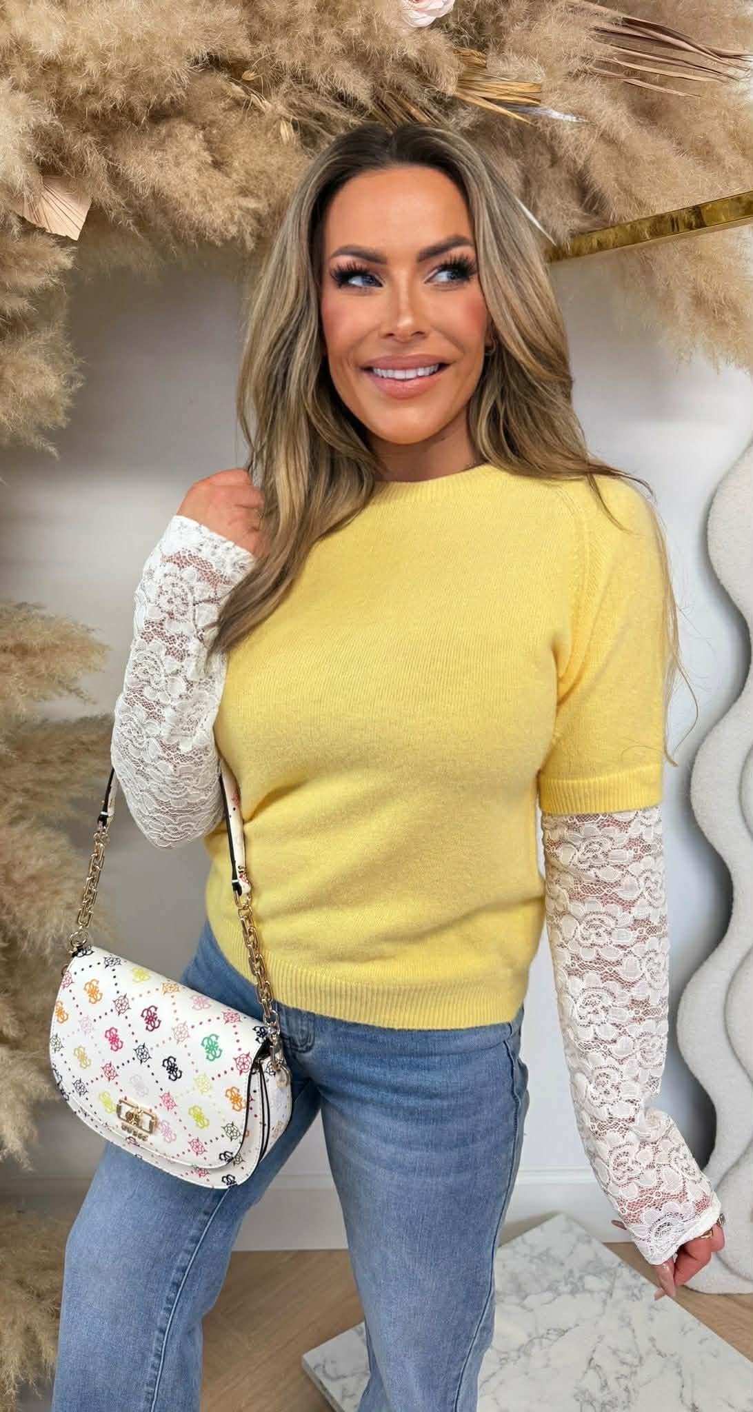 POPPY FLOWER LACE SLEEVE SWEAT YELLOW