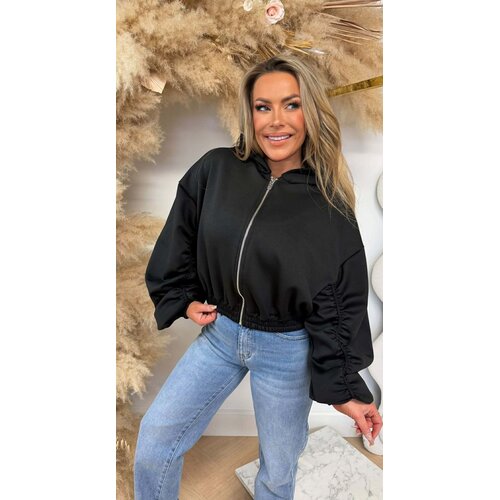 SMOCKED SLEEVE ZIPPER VEST BLACK