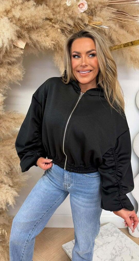 SMOCKED SLEEVE ZIPPER VEST BLACK