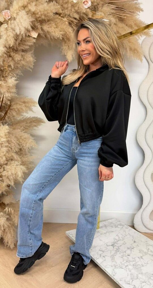 SMOCKED SLEEVE ZIPPER VEST BLACK