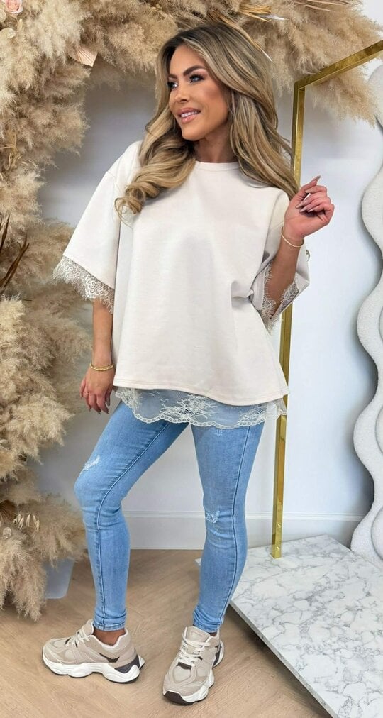 SPLIT BACK LACE TEE BEIGE